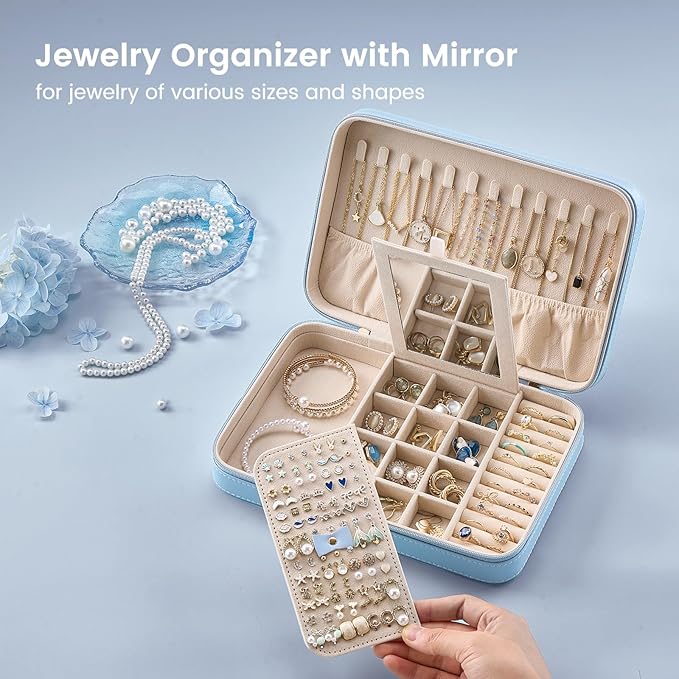 Lolalet Travel Jewelry Case for Women Girls, Travel Jewelry Organizer Box with Mirror & Clear Storage Bag, Small Portable Earring Necklace Bracelet Ring Case, Birthday Christmas Gifts -Large, Blue