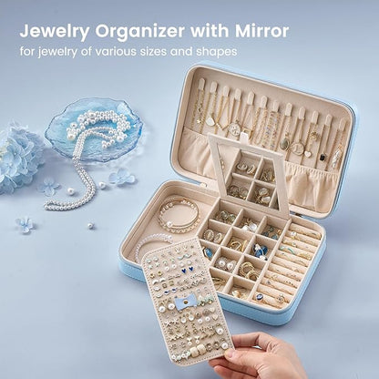 Lolalet Travel Jewelry Case for Women Girls, Travel Jewelry Organizer Box with Mirror & Clear Storage Bag, Small Portable Earring Necklace Bracelet Ring Case, Birthday Christmas Gifts -Large, Blue