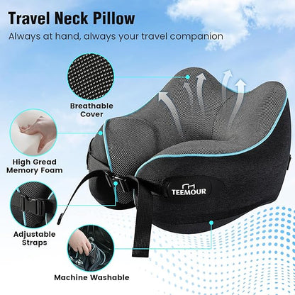 Teemour Neck Pillow for Traveling, Travel Neck Pillows for Airplanes, Stocking Stuffers, Memory Foam Airplane Pillow for Long Flight, Travel Essentials, Birthday Gifts for Women Men Mom