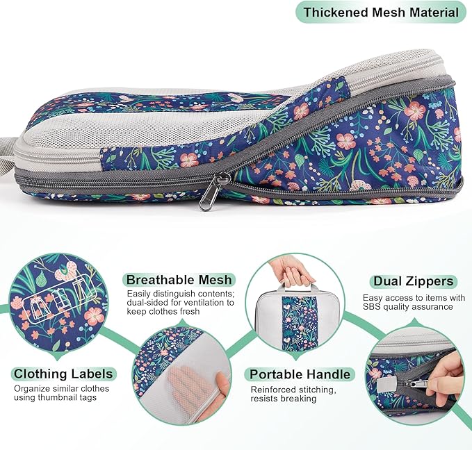 6 Set Compression Packing Cubes for Travel Essentials,Compressible Expandable Packing Cubes for Suitcase,OlarHike Luggage Organizer Bags for Travel(Dark Blue Floral)