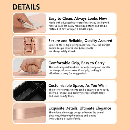 Lighted Makeup Case with Mirror - Large Size 13.4" x 10.2" - Travel Makeup Case With Mirror - Rechargeable LED Travel Vanity Case with Adjustable Brightness - Train Case Makeup Bag - Pink