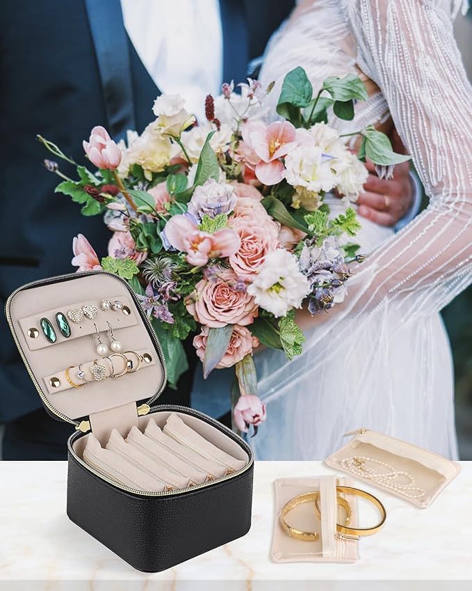 HofferRuffer Jewelry Box Organizer for Women Girls, Travel Jewelry Case with 6 Portable Zipper Bags, Jewelry Storage Ideal for Travel & Home Organization (6pcs-Black Faux Leather)