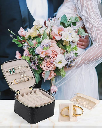 HofferRuffer Jewelry Box Organizer for Women Girls, Travel Jewelry Case with 6 Portable Zipper Bags, Jewelry Storage Ideal for Travel & Home Organization (6pcs-Black Faux Leather)