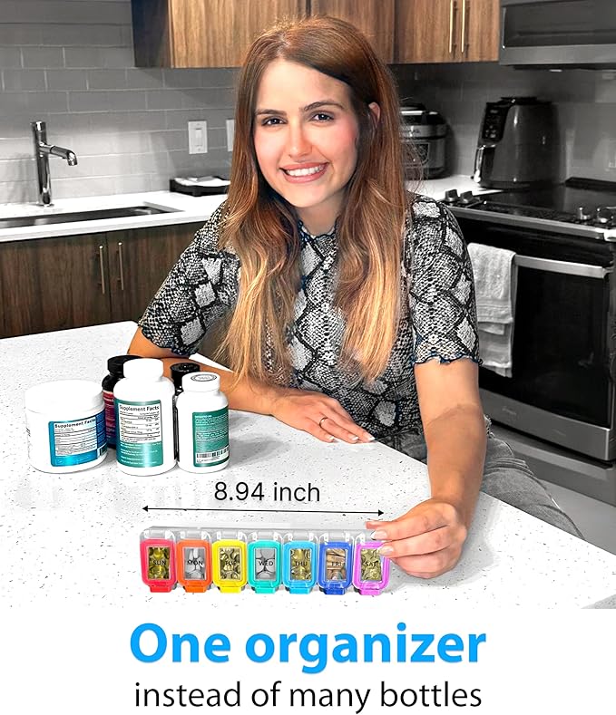 Weekly Pill Organizer 1 time a Day – Pill Box 7 Day with Enhanced Waterproof Seal, Large compartments Hold Big Vitamins & Supplements, Upgraded Locking lids, for Home & Travel use, Durable Hard case