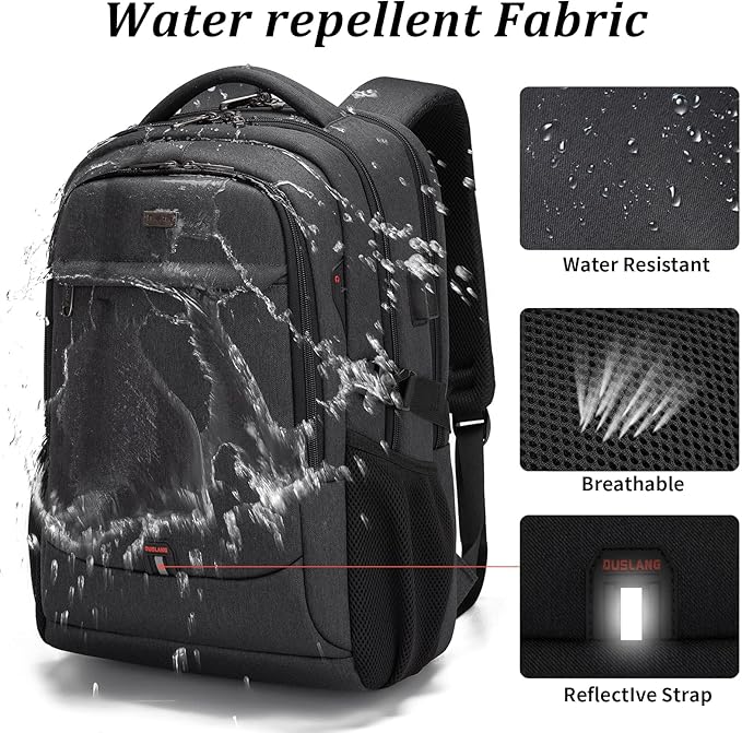 DUSLANG 17 Inch Laptop Backpack for Travel Water Resistant College Backpack for Men/Women Laptop Bag with USB Charging Port and clear Cosmetic Toiletry Bag, Black