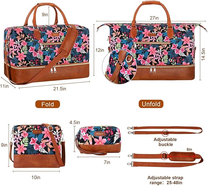 Weekender Bag for Women, Travel Duffel Bag Carry On Overnight Bag with Shoe Compartment Large Nylon Travel Weekend Tote Bag