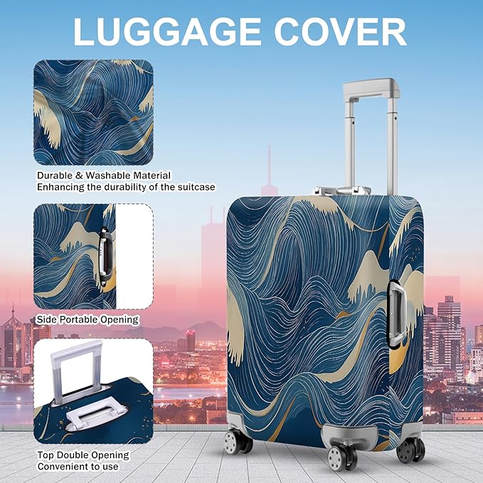ANNA QUEEN Ocean Wave Luggage Cover, Elegant Blue Flow Line Design Suitcase Protector, Washable Stretchable Travel Sleeve for 20-22 Inch Luggage