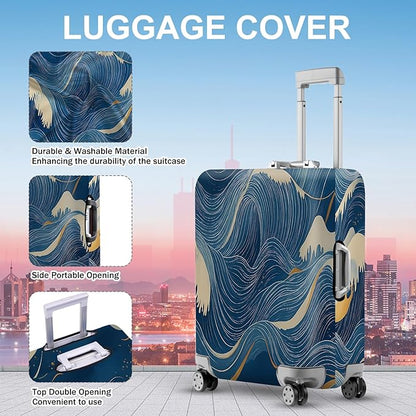 ANNA QUEEN Ocean Wave Luggage Cover, Elegant Blue Flow Line Design Suitcase Protector, Washable Stretchable Travel Sleeve for 24-26 Inch Luggage