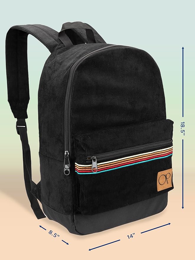 Ocean Pacific OG Corduroy Backpack for Travel, Sports, Beach, Work, Casual Daypack for Men Women Fits 15.6 Inch Laptop (Black)