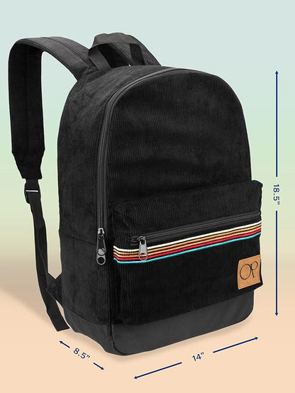 Ocean Pacific OG Corduroy Backpack for Travel, Sports, Beach, Work, Casual Daypack for Men Women Fits 15.6 Inch Laptop (Black)