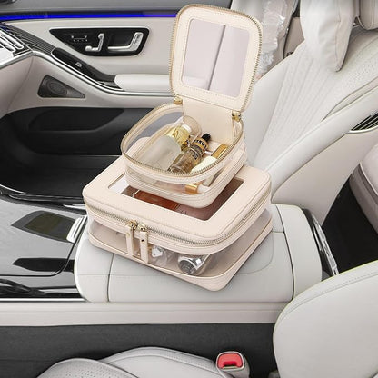 Pinkmik Clear Makeup Bag with Zipper Waterproof Travel Makeup Set for Cosmetics and Toiletries Women's Purse Organizer and Car Essentials (Beige, M+MINI-1)