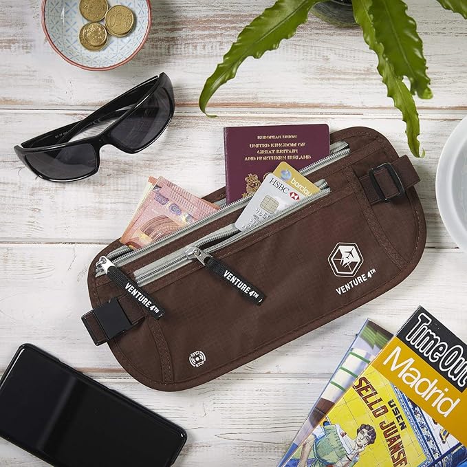 VENTURE 4TH Travel Money Belt - Slim Passport Holder RFID Blocking Travel Pouch to Protect Cash, Credit Cards and Travel Documents (Brown)