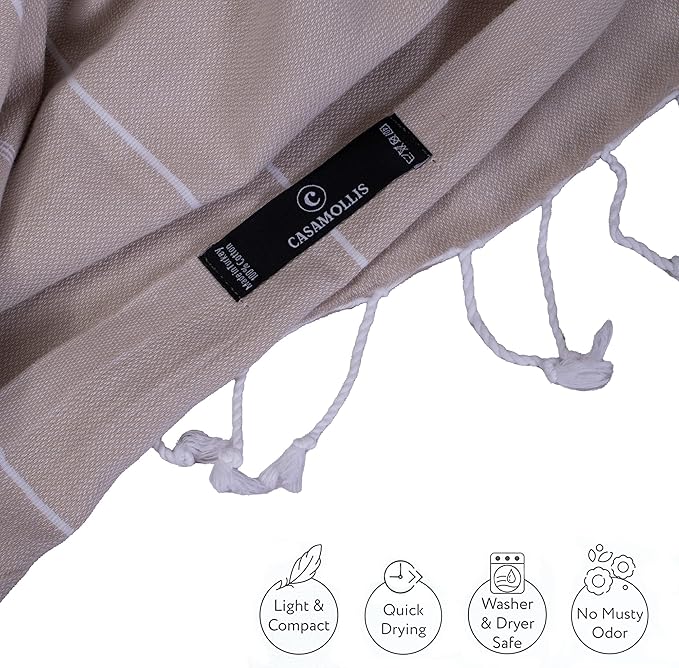 Turkish Beach Towel, Prewashed, 100% Cotton, Soft, Absorbent, Quick Dry, Sand Free Large Oversize Beach Towels for Bathroom Camping Yoga Gym Pool Travel Size 39x71 Inches (Beige)