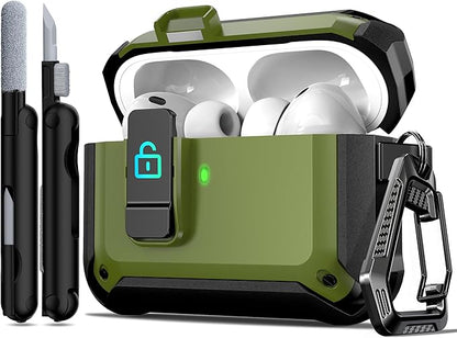 R-fun for AirPods Pro 3 Case (2025) Cover with Cleaning Kit, Military-Grade Heavy-Duty Drop-Resistant with Auto Pop-Up Lid for AirPods Pro 3rd Generation 2025 USB-C Charging Case, Army Green