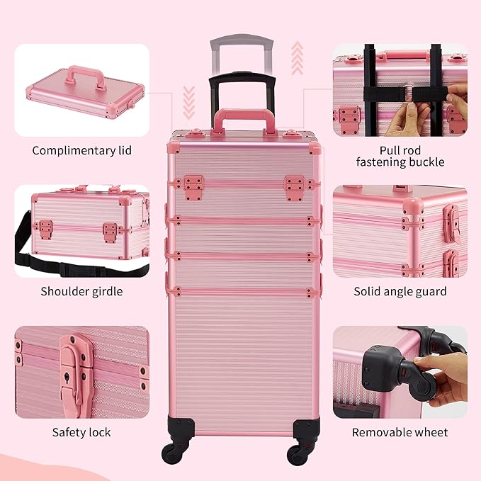 Rolling Makeup Case, Makeup Train Case with Lid, 5 in 1 Cosmetology Case on Wheels, Christmas Gift, Large Makeup Case Organizers, Profesional Cosmetic Case for Salon Barber, Pink