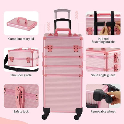 Rolling Makeup Case, Makeup Train Case with Lid, 5 in 1 Cosmetology Case on Wheels, Christmas Gift, Large Makeup Case Organizers, Profesional Cosmetic Case for Salon Barber, Pink