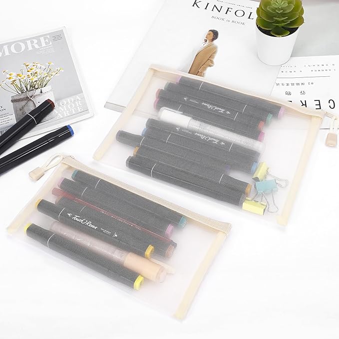 12 Pieces Zipper Nylon Mesh Pouch, Mesh Cosmetic Bags Makeup Bags Pencil Case, Multipurpose Travel Bags for Cosmetic School Office Supplies and Travel Accessories (Beige, A5+B6)