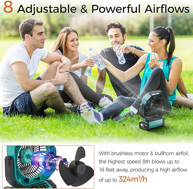 Camping Fan with Light - 20000mAh Rechargeable Battery Fan, 112Hrs Max Run Time, 8 Speeds, Digital Display, Timer, Auto Oscillation, 270° Pivot & Hook for Camping, Power Outage, Hurricane (Blue)