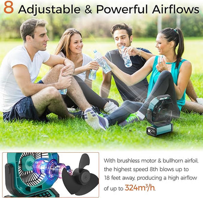 Camping Fan with Light - 20000mAh Rechargeable Battery Fan, 112Hrs Max Run Time, 8 Speeds, Digital Display, Timer, Auto Oscillation, 270° Pivot & Hook for Camping, Power Outage, Hurricane (Blue)