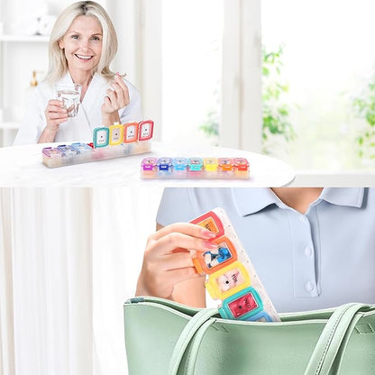 Fullicon Moisture Proof Pill Organizer 2 Times a Day, Large Pill Box 7 Day, Spill Proof Pill Case, Travel Pill Container, Medicine Pill Organizer with Secure Lids, Daily Pill Organizer (Rainbow Clear)