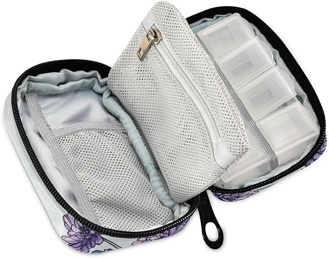 Pill Organizer Box Case Weekly Travel Pill Container Holder 7Day Cute Vitamin Organizer Dispenser Sorter Planner Storage Small Compact Ink Purple Chrysanthemum and Lavender04