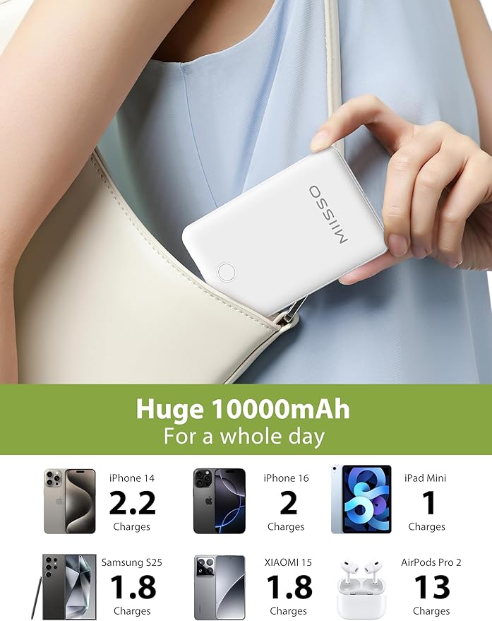 miisso 10000mAh Compatible with iPhone 15/16/17 and Android, Slim Portable Charger with Built in Cable, Power Bank Travel Charger External Battery Pack for Phone, 3 Output USB Type C Cord, White