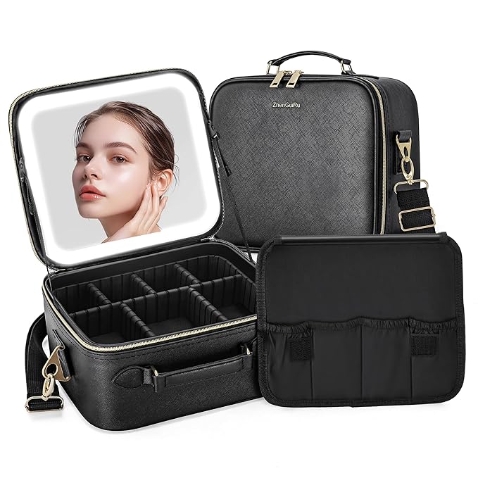 Travel Makeup Bag with LED Mirror, Portable Cosmetic Case Organizer with Lighted Mirror, Waterproof Makeup Case for Cosmetic Brush Holder Storage, Black Toiletry Bag for Women Gift