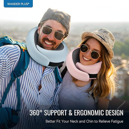 WANDER PLUS® Travel Neck Pillow, Pure Memory Foam Neck Pillow for Airplanes, Comfortable Breathable Cover, 360 Degree Support Ergonomic Design Best for Sleeping Plane Train Travel Essentials Max Grey