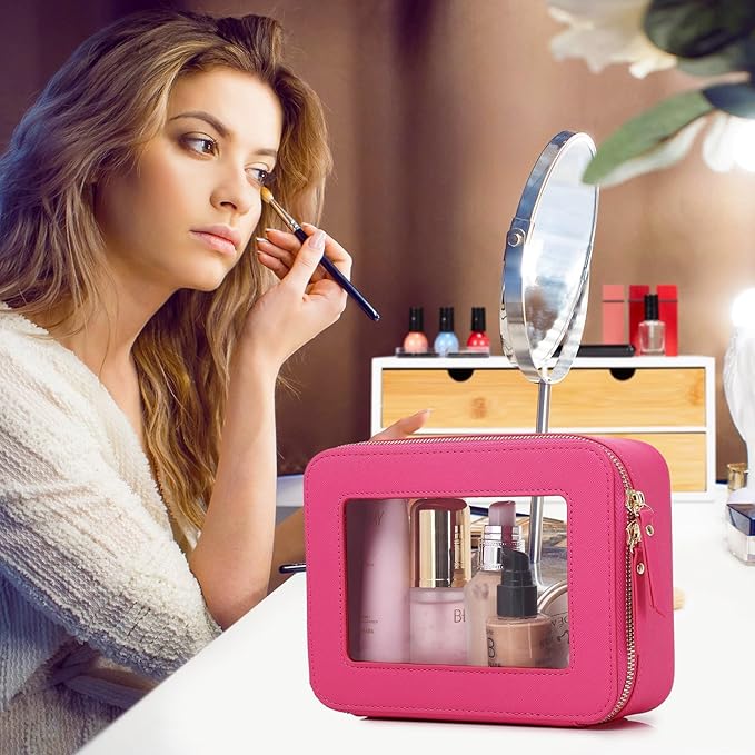 Pinkmik Clear Makeup Bag Waterproof Travel Case for Cosmetics and Toiletries Women's Purse Organizer and Clear Car Bag with Zipper (X/Fuxia, L+M+MINI)