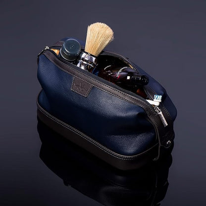 Vetell Leo Large Leather Men's Travel Toiletry and Shaving Case Bag with Upper and Lower Zippered Compartments, 3 Interior Loops and Carrying Handles