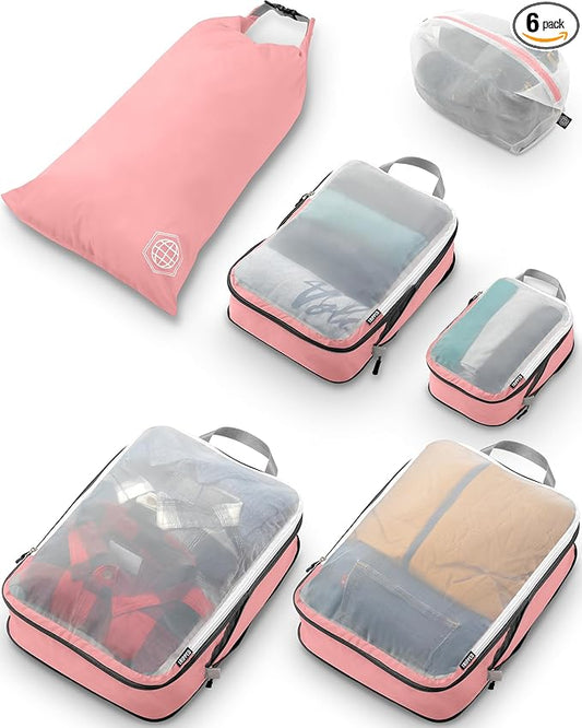 Large Packing Cube Set with See Through Mesh- Compression Packing Cubes Travel Organizers by TRIPPED Travel Gear (Dusty Rose)
