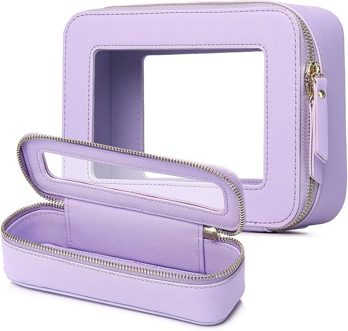 Pinkmik Travel Clear Makeup Bag with Brush Case TSA Approved Toiletry Bag Waterproof Cosmetic Organizer with Zipper Car Essential for Women (X/Purple, M+SLIM)