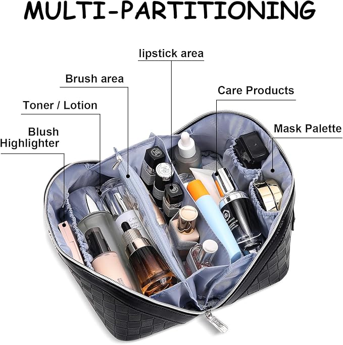 BOYATU Travel Makeup Bag Organizer Cosmetic Bag: 3 Pcs Set Make up Bags for Women with Handle - Waterproof Vegan Leather Toiletry Bags Travel Essentials Pouch with Compartments (01-Black)