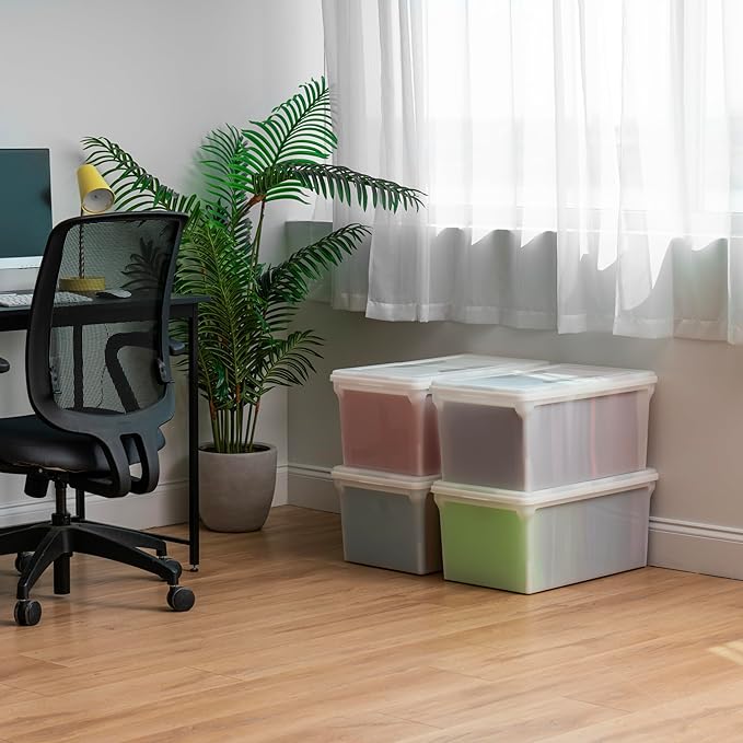 IRIS USA File Box, File Organizer w/Hinged Split Lid for Letter File, Important Document Box, Plastic Storage Filing Bin for Moving, Stackable Nestable Portable, Pearl 44 Qt. 4 Pack