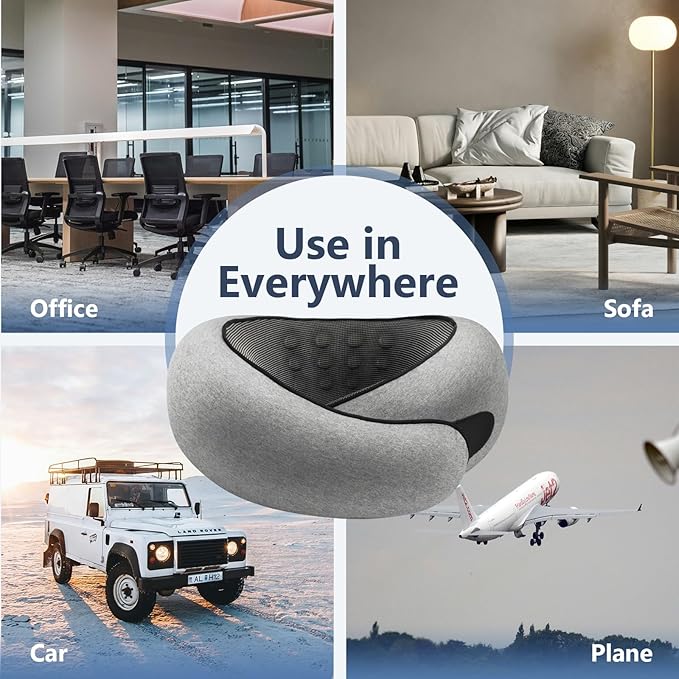 Advanced Memory Foam Neck Travel Pillow, Neck Pillow Airplane with Eye Mask & Ear Plugs, Designed for The Comfort of Travel & Office, Travel Pillow for Plane, Car, Home, Work, Grey
