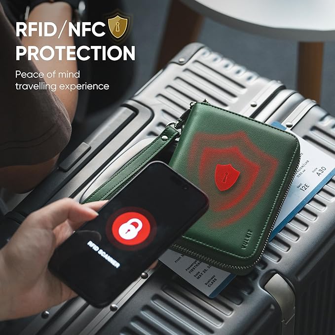 VULKIT Passport Holder for Travel with Airtag Slot, Premium Nappa Leather, RFID Blocking, Zipper Closure with Wrist Strap, Travel Document Organizer