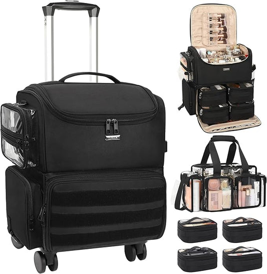 Relavel Rolling Makeup Train Case, Cosmetology Case on Wheels with 4 Clear Bags and Clear Makeup Bag, Professional Makeup Artist Set Bags Organizer with 360° Spinner Wheels