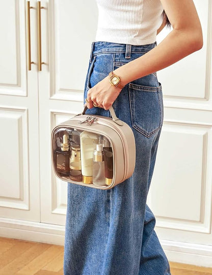 Clear Cosmetic Bag Double Layer 4 Compartments Travel Toiletry Bag Clear Makeup Bag Case with Zipper Transparent Travel Bag for Toiletries, Gift for Women Girls (Taupe, Small)