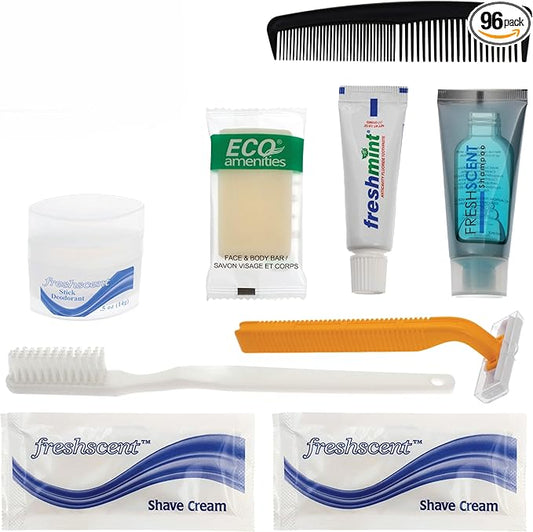 Moda West 96 Kits - Bulk Case of Wholesale Deluxe Toiletries for Men, Women, Travel, Charity, Homeless Shelters, 96 Disposable Hygiene Kits, Perfect for Hotels, Emergency Prep, and Donations