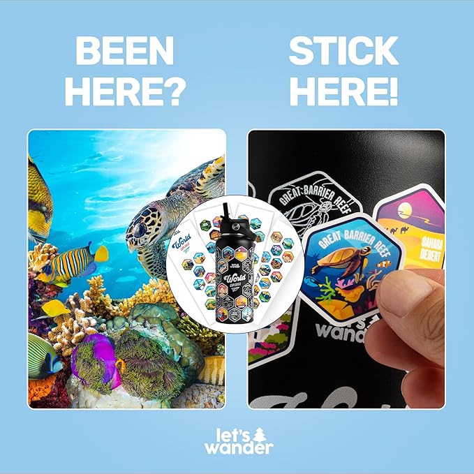 LET'S WANDER World Explorer Adventure Water Bottle with 50 Waterproof Stickers - 32oz Leakproof Insulated Stainless Steel with Straw - Travel Goal Gift Bottle (Black)