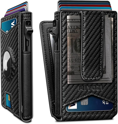 Airtag Wallet for Men,with Money Clip Gift Boxed,Slim Front Pocket Wallet RFID Blocking Metal Case Smart Pop-up Credit Card Holder in Magnetic Leather Flip