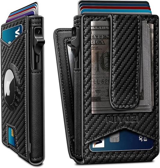 Airtag Wallet for Men,with Money Clip Gift Boxed,Slim Front Pocket Wallet RFID Blocking Metal Case Smart Pop-up Credit Card Holder in Magnetic Leather Flip