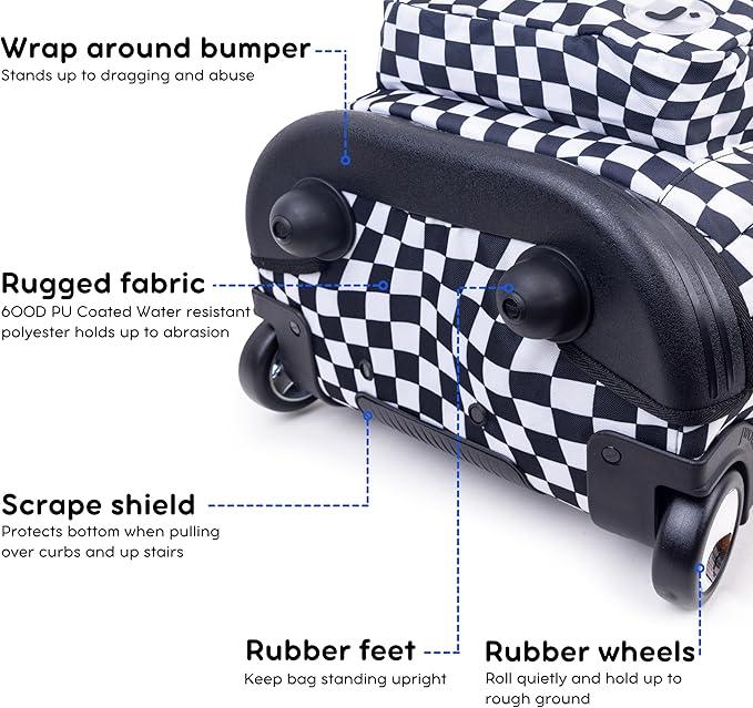 J World Sundance Laptop Rolling Backpack for Girls Boys. Roller Bookbag with Wheels, Wavy Checkers