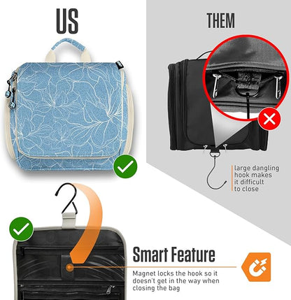 VENTURE 4TH Hanging Travel Toiletry Bag for Women & Men - Travel Organizer with Expandable Compartments & Removable Clear Pouch for Toiletries (Blue Flowers)