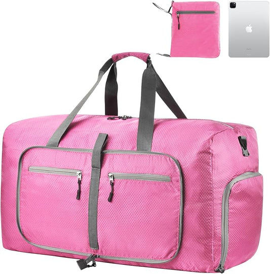 Dimayar Travel Duffle Bag for Men Women - Foldable Duffel Bag with Shoes Compartment - Overnight Bags Waterproof & Tear Resistant(65L,Pink)