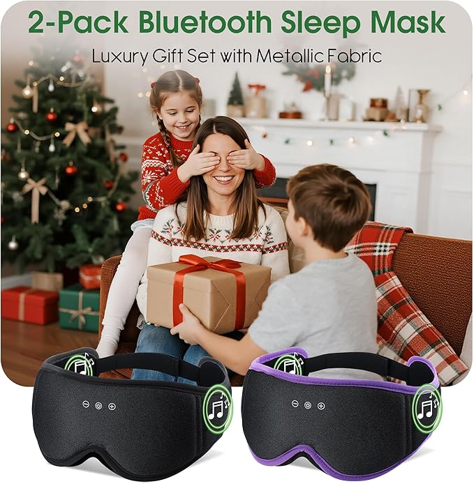 LC-dolida 2 Pack Bluetooth Sleep Mask, Bamboo Cotton 3D Blackout Contoured Bluetooth Sleep Headphones, Sleeping Eye Mask with 5.4 Bluetooth Headphones, Eye Sleep Mask for Side Sleepers, Black