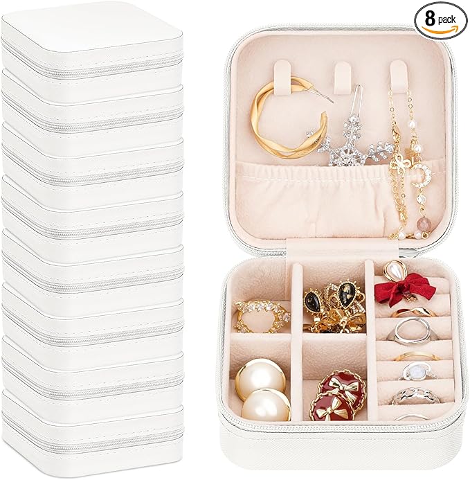 Leezmark 8 Pcs Jewelry Travel Case, Bridesmaid Gifts Set Of 6 & 8, Velvet Portable Jewelry Travel Organizer Small Jewelry Box Bridesmaid Proposal Gifts Box Mini Storage Organizer Storage Box, White