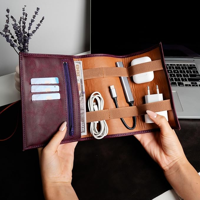 HARDISTON Custom Leather Electronic Organizer Roll – Personalized Cord Pouch for Travel Tech Accessories, USB Cables, Charger, Passport, SD Cards – Handmade Gift for All