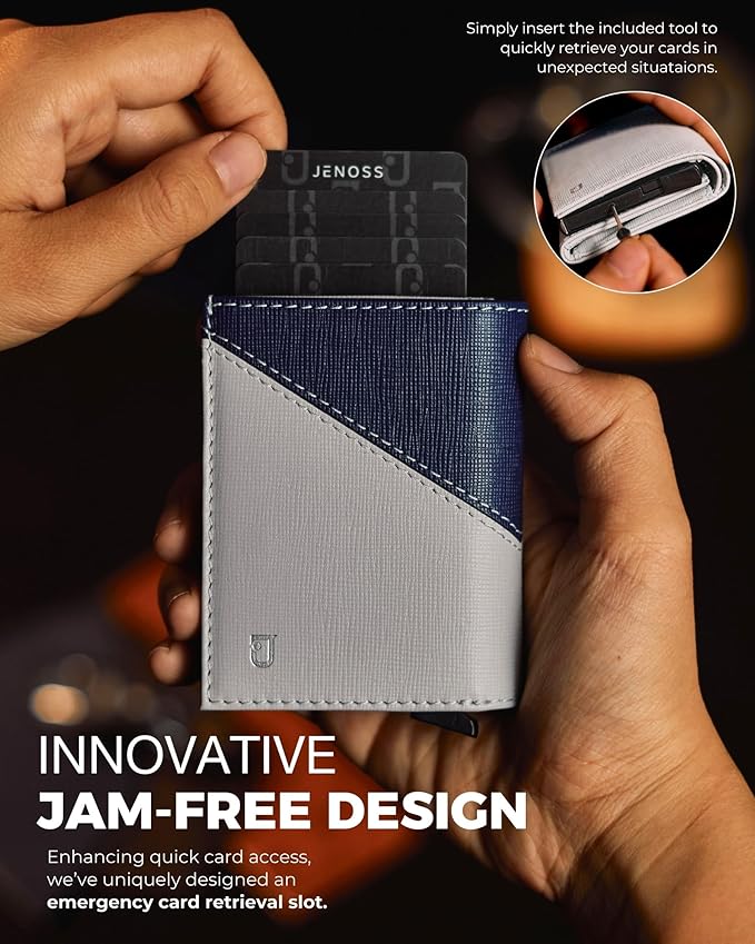 Jenoss Smart Wallet For Men: Full Grain Leather, Handcrafted, Slide Metal Pop Up Case, Slim RFID Blocking Credit Card Holder, Minimalist, Compact 12 Cards Slot Organizers, ID, Money Clip (Grey & Navy)
