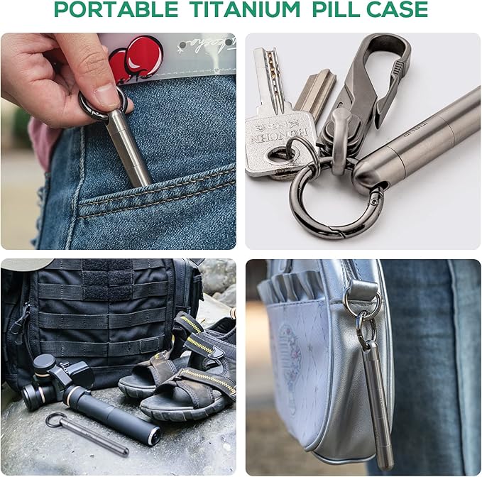 TISUR Large Keychain Pill Holder, Titanium Pill Case Waterproof Pill Fob for Travel Purse Pocket,Pill Organize